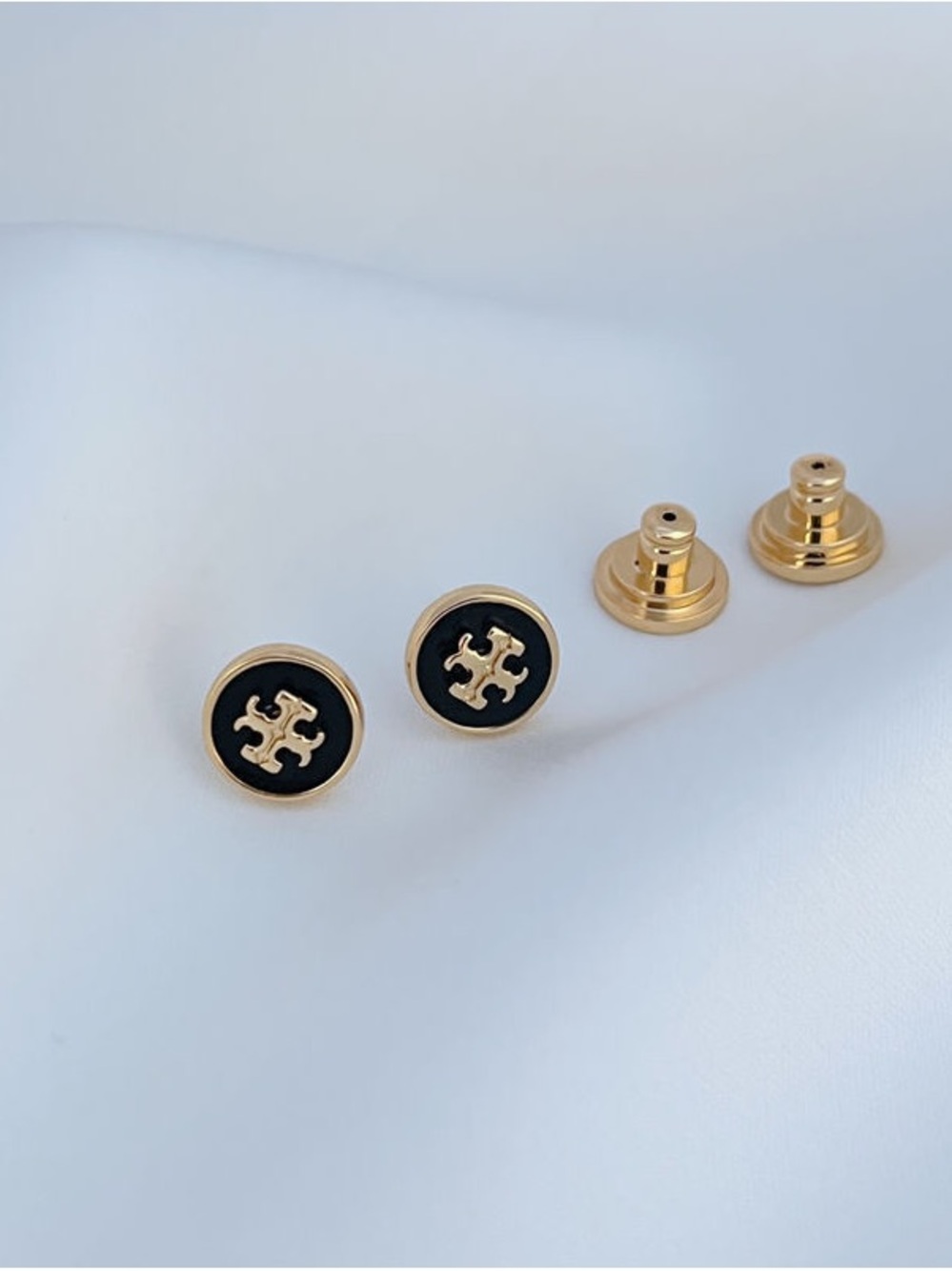 Tory Burch Gold and Black Logo Round Stud Earrings - Picture 4 of 4